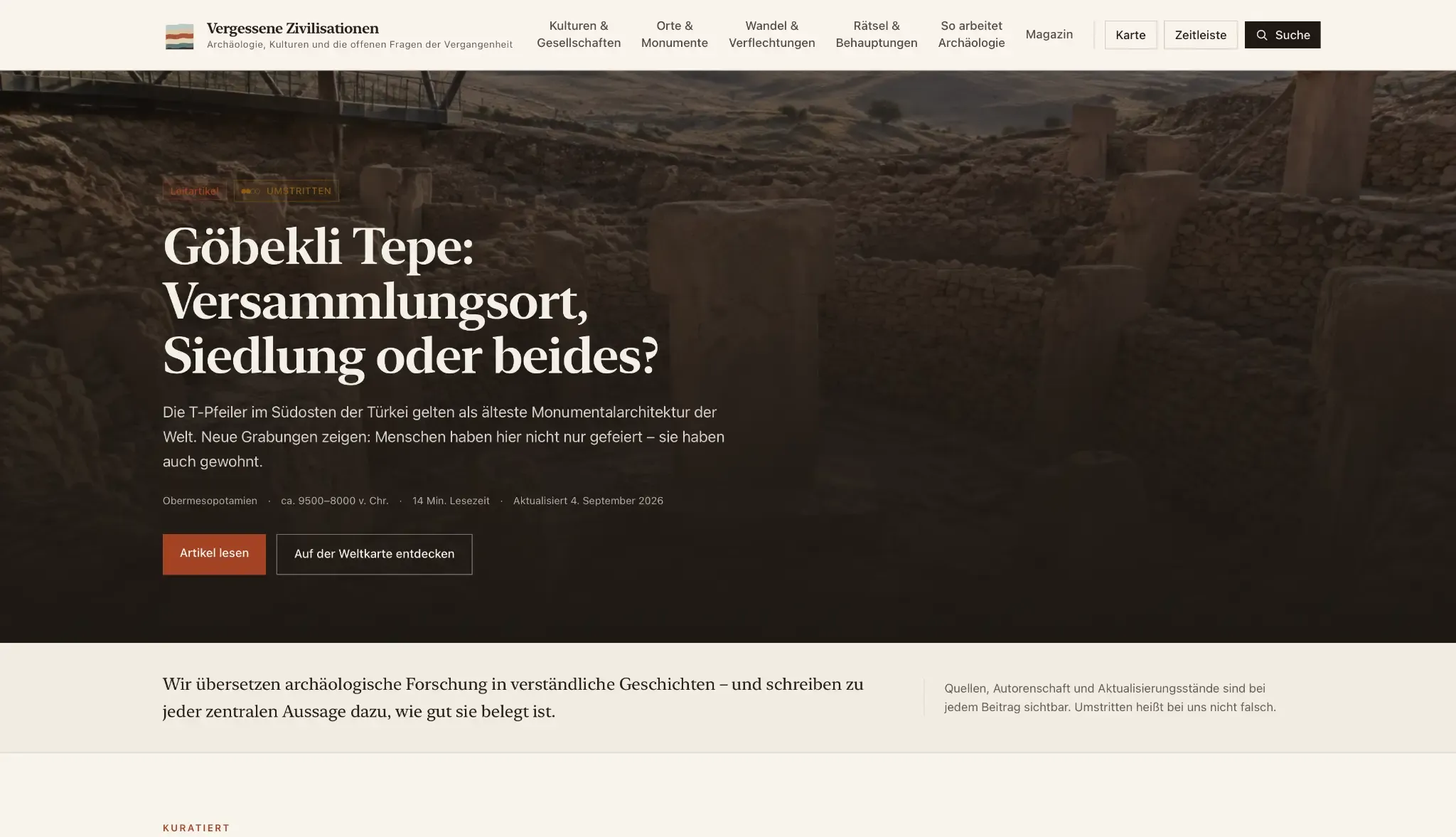 Startseite von Vergessene Zivilisationen mit Artikel-Teaser