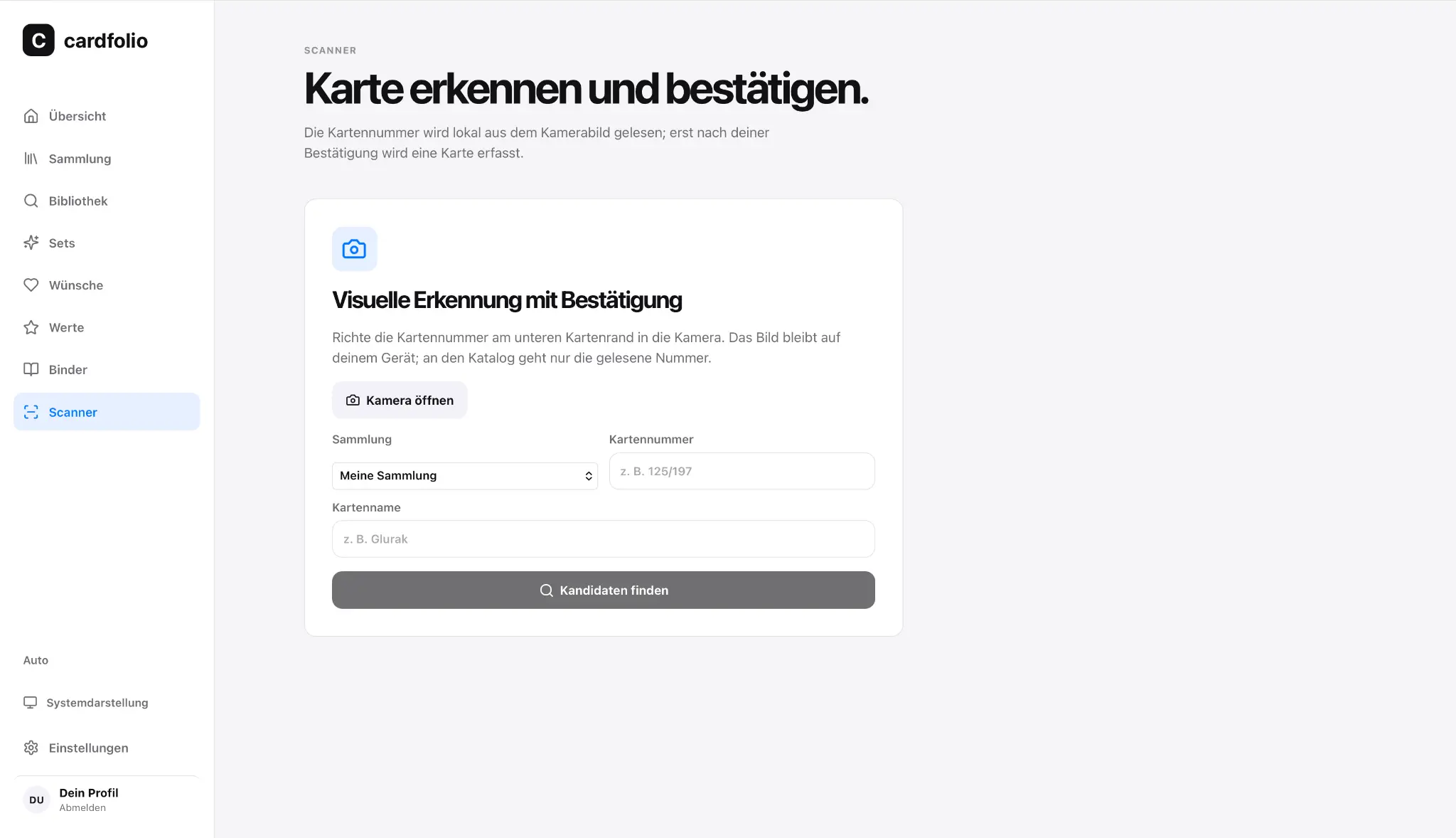 Cardfolio-Scanner zur lokalen Erkennung und Bestätigung einer Sammelkarte