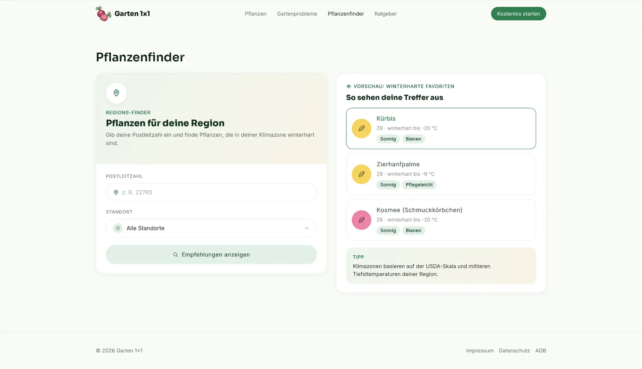 Garten 1x1 Pflanzenfinder mit Regionseingabe und Empfehlungen
